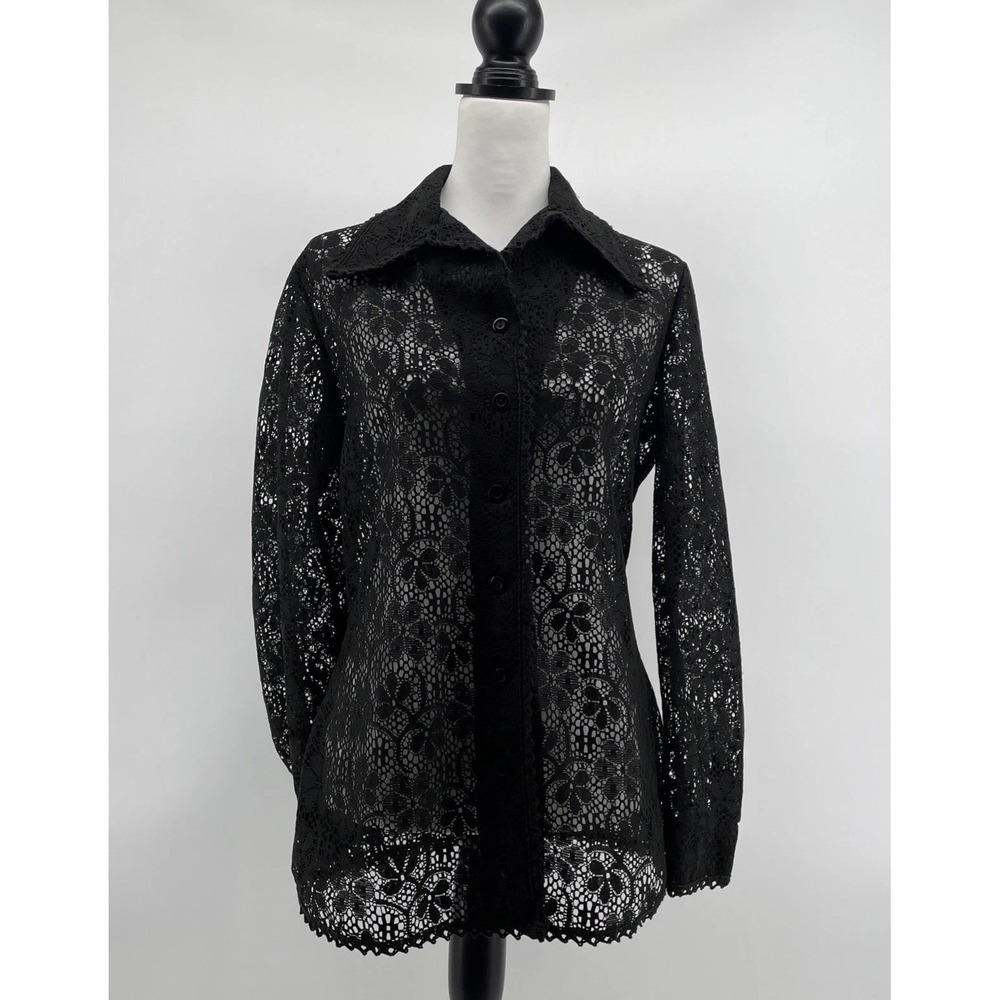 Vintage 70s Crocheted Button Up Doily Shirt Women's Medium* Festival Black Goth